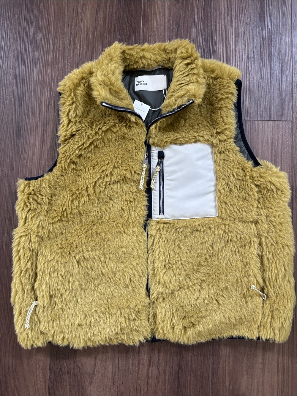 Tory Burch Olive-Brown Plush Fleece Zip Vest with Cream Pocket Trim